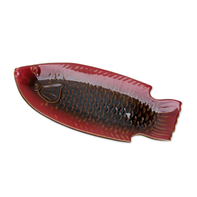 Ceramic platter, 'Red Gourami' - Red Fish-Shaped Ceramic Platter Handmade in Bali