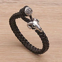 Leather wristband bracelet, 'Gallant Goat' - Leather and Sterling Silver Braided Wristband Bracelet