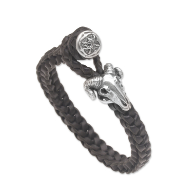 Leather wristband bracelet, 'Gallant Goat' - Leather and Sterling Silver Braided Wristband Bracelet