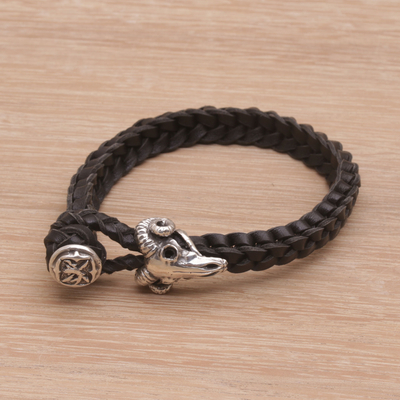 Leather wristband bracelet, 'Gallant Goat' - Leather and Sterling Silver Braided Wristband Bracelet