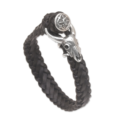 Leather wristband bracelet, 'Buffalo Bravery' - Black Leather and Sterling Silver Braided Wristband