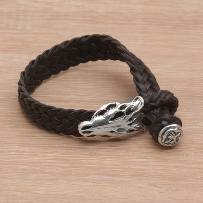 Leather wristband bracelet, 'Dark Alligator' - Black Leather and Sterling Silver Wristband Bracelet