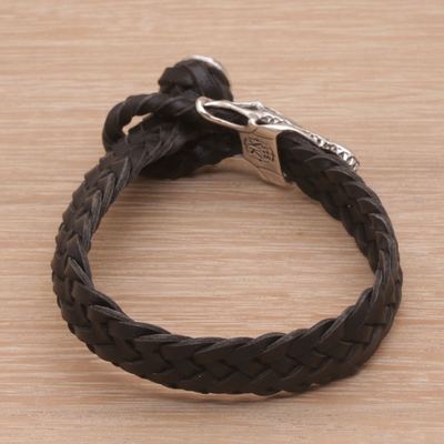 Leather wristband bracelet, 'Dark Alligator' - Black Leather and Sterling Silver Wristband Bracelet