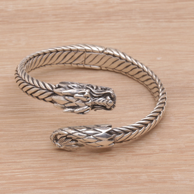 Sterling silver cuff bracelet, 'Dragon Flame' - Sterling Silver Dragon Cuff Bracelet from Bali