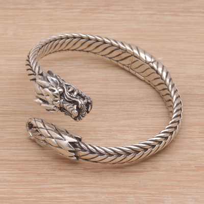 Manschettenarmband aus Sterlingsilber - Sterlingsilber-Drachen-Manschettenarmband aus Bali