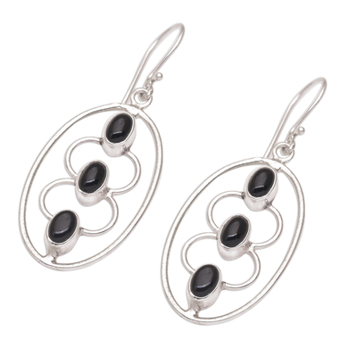 Onyx dangle earrings, 'Three Souls' - Sterling Silver Oval and Black Onyx Dangle Earrings
