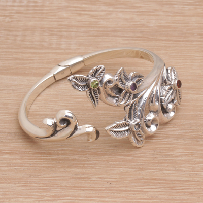 Multi-gemstone cuff bracelet, 'Garden Grace' - Sterling Silver Floral Cuff Bracelet Multicolored Gemstones