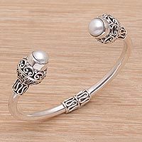 Cultured pearl cuff bracelet, 'Monument' - Ornate Sterling Silver Cuff Bracelet with Cultured Pearls