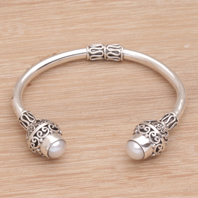 Cultured pearl cuff bracelet, 'Monument' - Ornate Sterling Silver Cuff Bracelet with Cultured Pearls