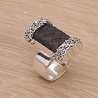 Leather and sterling silver cocktail ring, 'Strength and Grace' - Cocktail Ring with Woven Leather and Sterling Silver