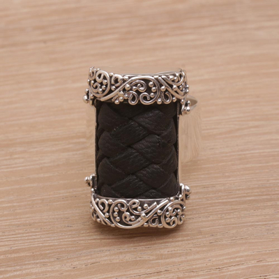 Leather and sterling silver cocktail ring, 'Strength and Grace' - Cocktail Ring with Woven Leather and Sterling Silver
