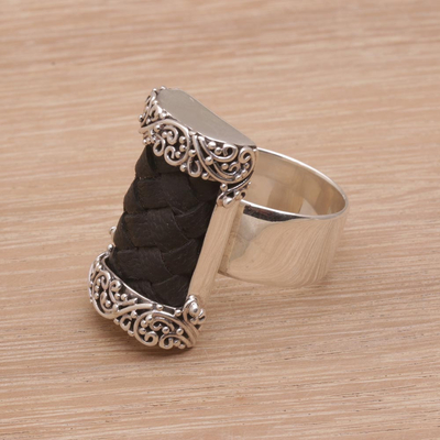 Leather and sterling silver cocktail ring, 'Strength and Grace' - Cocktail Ring with Woven Leather and Sterling Silver