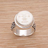 Hand Carved Bone and Sterling Silver Face Ring,'Serene Repose'