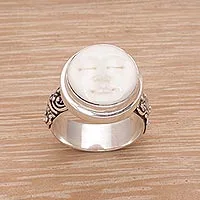 Sterling silver cocktail ring, 'Serene Repose' - Hand Carved Bone and Sterling Silver Face Ring