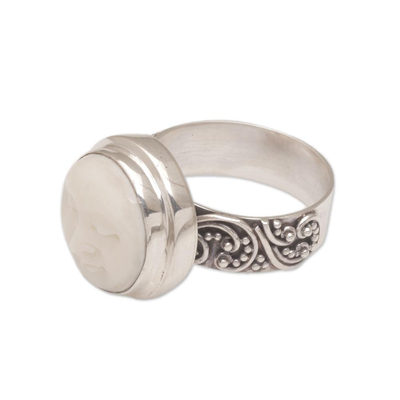 Sterling silver cocktail ring, 'Serene Repose' - Hand Carved Bone and Sterling Silver Face Ring