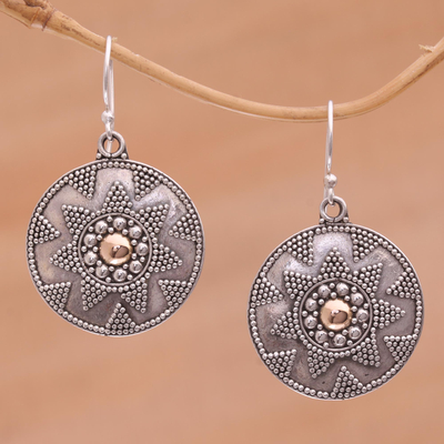 Gold accented sterling silver dangle earrings, 'Guardian Shield' - Gold Accented Sterling Silver Dotted Shield Dangle Earrings