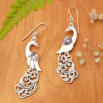 Amethyst dangle earrings, 'Merak' - Amethyst and Sterling Silver Peafowl Dangle Earrings