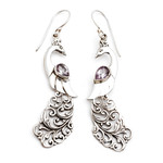 Amethyst dangle earrings, 'Merak' - Amethyst and Sterling Silver Peafowl Dangle Earrings
