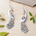 Amethyst dangle earrings, 'Merak' - Amethyst and Sterling Silver Peafowl Dangle Earrings
