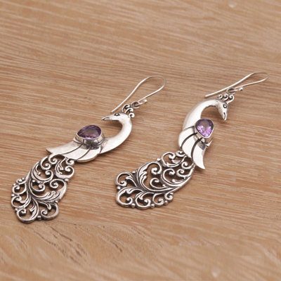 Amethyst dangle earrings, 'Merak' - Amethyst and Sterling Silver Peafowl Dangle Earrings