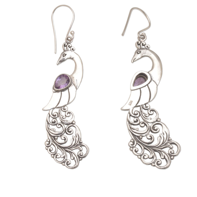 Amethyst dangle earrings, 'Merak' - Amethyst and Sterling Silver Peafowl Dangle Earrings