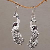 Garnet dangle earrings, 'Merak' - Garnet Earrings with Peacock Theme from Bali