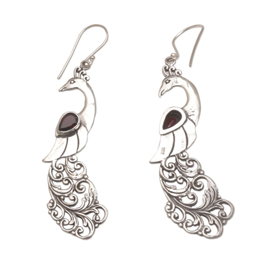 Garnet dangle earrings, 'Merak' - Garnet Earrings with Peacock Theme from Bali