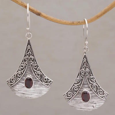 Garnet dangle earrings, 'Blade Falling' - Garnet and Sterling Silver Dangle Earrings from Bali