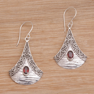 Garnet dangle earrings, 'Blade Falling' - Garnet and Sterling Silver Dangle Earrings from Bali
