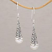 Cultured pearl dangle earrings, 'Pristine Beauty' - Cultured Pearl Balinese Style Sterling Silver Earrings