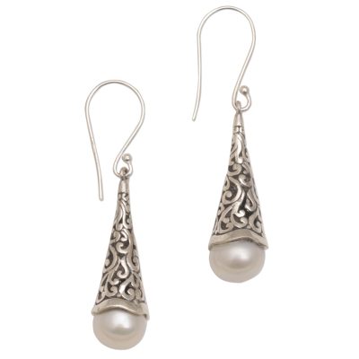 Cultured pearl dangle earrings, 'Pristine Beauty' - Cultured Pearl Balinese Style Sterling Silver Earrings