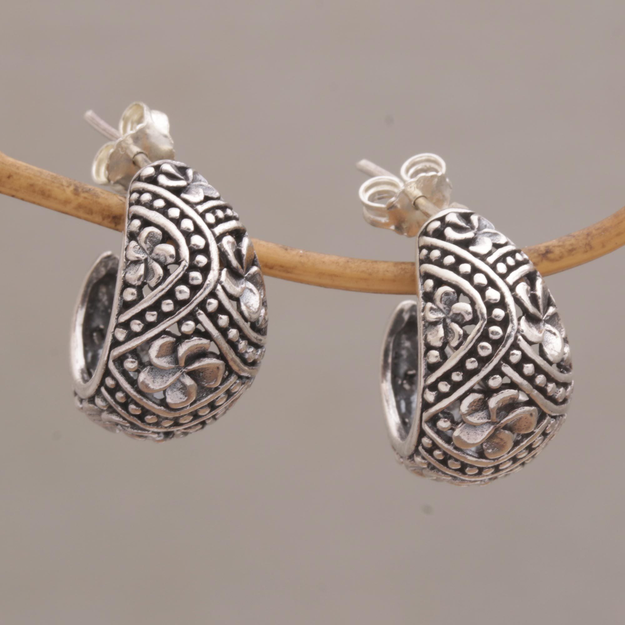 Sterling Silver Half Hoop Earrings with Frangipani Motifs Jimbaran