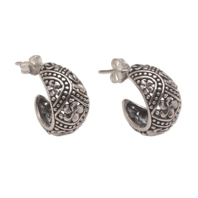 Sterling silver half-hoop earrings, 'Jimbaran Jepun' - Sterling Silver Half Hoop Earrings with Frangipani Motifs