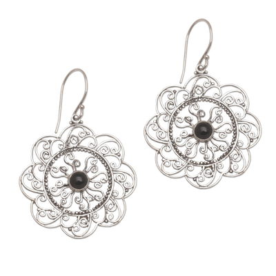 Onyx dangle earrings, 'Jimbaran Sun' - Round Sterling Silver Dangle Earrings with Onyx