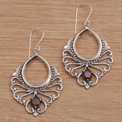 Garnet dangle earrings, 'Victorian Grace' - Vintage Look Sterling Silver and Garnet Earrings