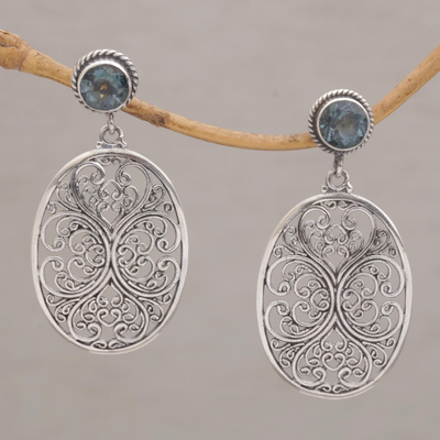 Blue topaz dangle earrings, 'Rococo' - Rococo Style Sterling and Blue Topaz Dangle Earrings