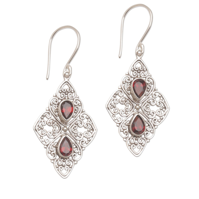 Ornate Dangle Earrings with Garnets and Sterling Silver