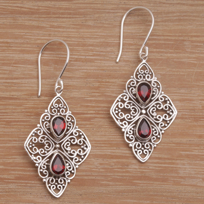 Garnet dangle earrings, 'Besakih Beauty' - Ornate Dangle Earrings with Garnets and Sterling Silver