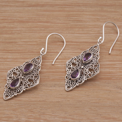 Amethyst dangle earrings, 'Besakih Beauty' - Amethyst and Sterling Silver Dangle Style Earrings