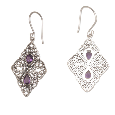 Amethyst dangle earrings, 'Besakih Beauty' - Amethyst and Sterling Silver Dangle Style Earrings