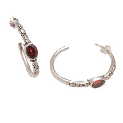 Garnet half-hoop earrings, 'Sacred Sakenan' - Balinese Style Half-Hoop Earrings with Garnet Stones