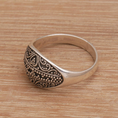 Sterling silver domed ring, 'Intricate Symmetry' - Balinese Dot and Scroll Motif Sterling Silver Dome Ring