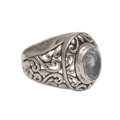 Blue topaz cocktail ring, 'Garden Air' - Blue Topaz and Sterling Silver Floral Motif Cocktail Ring