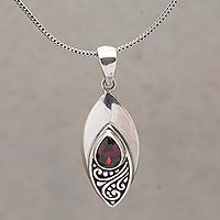 Garnet pendant necklace, 'I'll Be Seeing You' - Garnet and Sterling Silver Eye Shaped Pendant Necklace