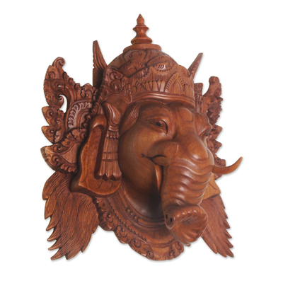 Wood mask, 'Proud Ganesha' - Hand Carved Balinese Suar Wood Mask of Ganesha