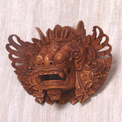 Wood mask, 'Lion Guardian Barong' - Hand Carved Wood Barong Mask Lion Wall Sculpture