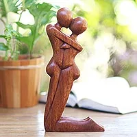 Wood statuette, 'Kneeling Embrace' - Hand Carved Romantic Suar Wood Statuette from Bali