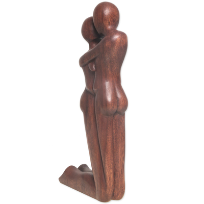 Wood statuette, 'Kneeling Embrace' - Hand Carved Romantic Suar Wood Statuette from Bali
