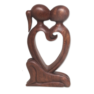 Wood statuette, 'Eternal Bond' - Hand Carved Romantic Suar Wood Statuette from Bali