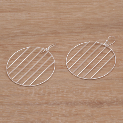Sterling silver dangle earrings, 'Linescope' - Sterling Silver Vertical Lines Circle Dangle Earrings